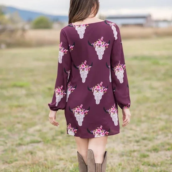 Peach Love California Wine Bull Skull Shift Dress - Picture 4 of 6